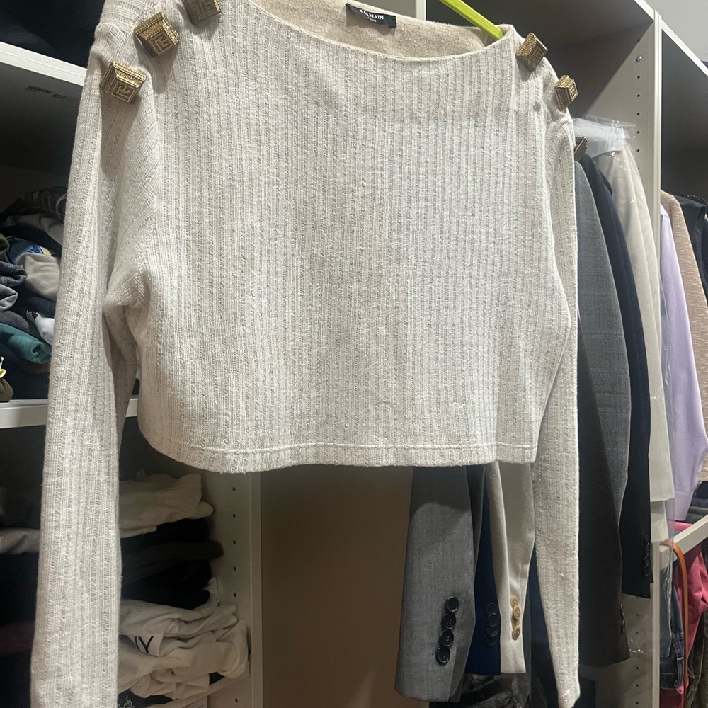 Women's Cream Balmain Long Sleeve Top with Gold Accents